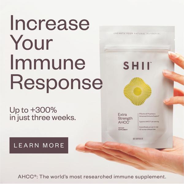 A clean, minimalist 1:1 image featuring a hand holding an immune supplement pouch, emphasizing a specific, high-percentage clinical claim.